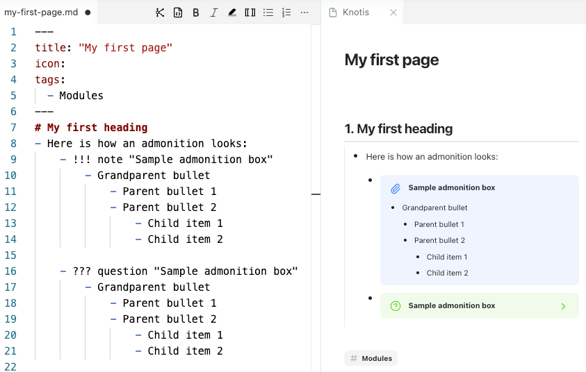 VS Code and preview shown side by side, with !!! note rendered as an open information box and ??? question rendered as a closed expandable box.