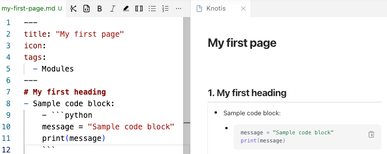 VS Code and preview shown side by side, with a fenced Python code block rendered as a formatted code block in the Knotis preview.