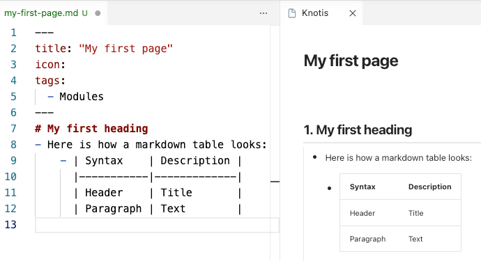 VS Code and preview shown side by side, with a Markdown table in the editor rendered as a formatted table in the Knotis preview.