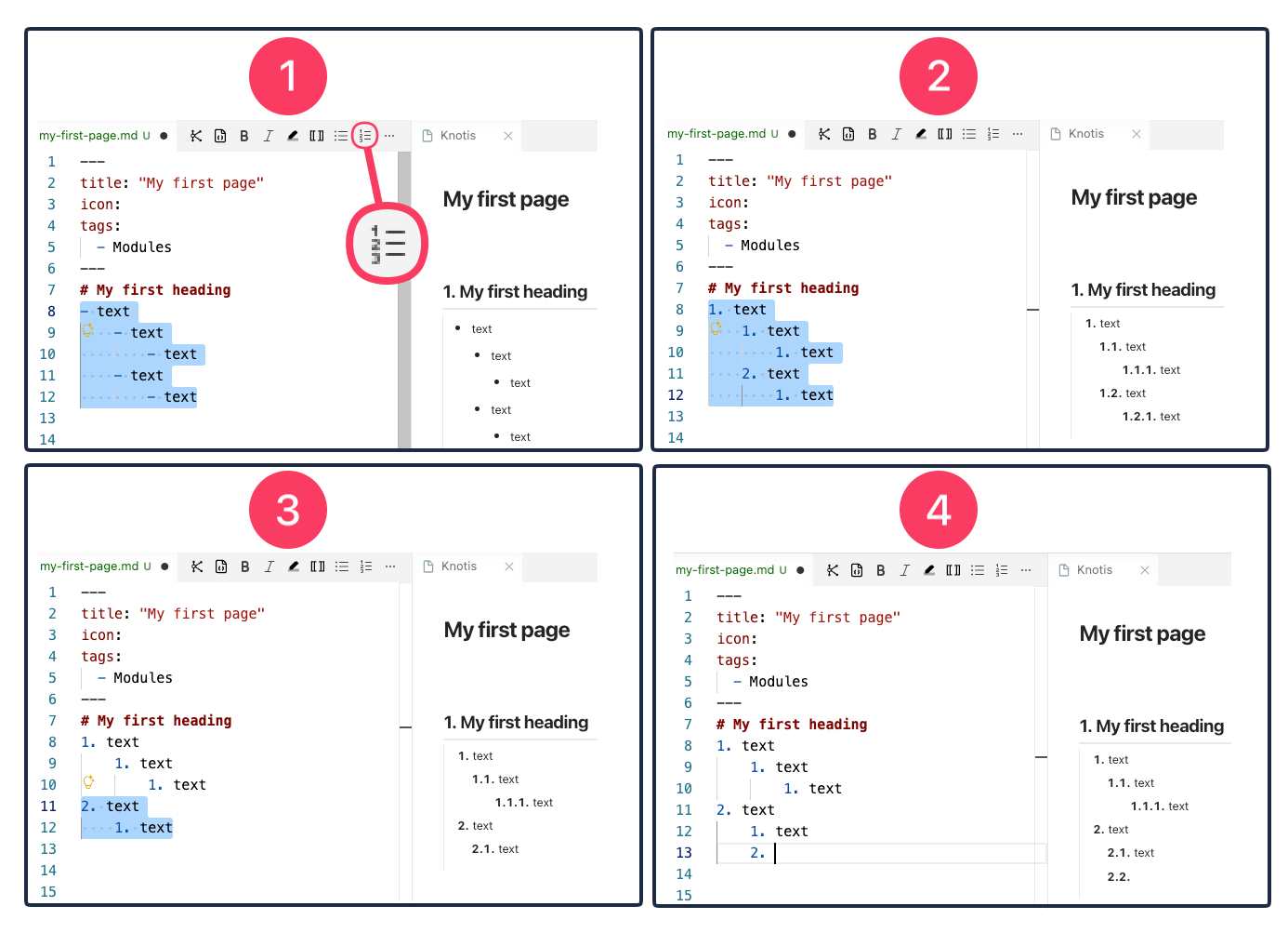 Using the Numbered List icon in the Knotis VS Code extension.