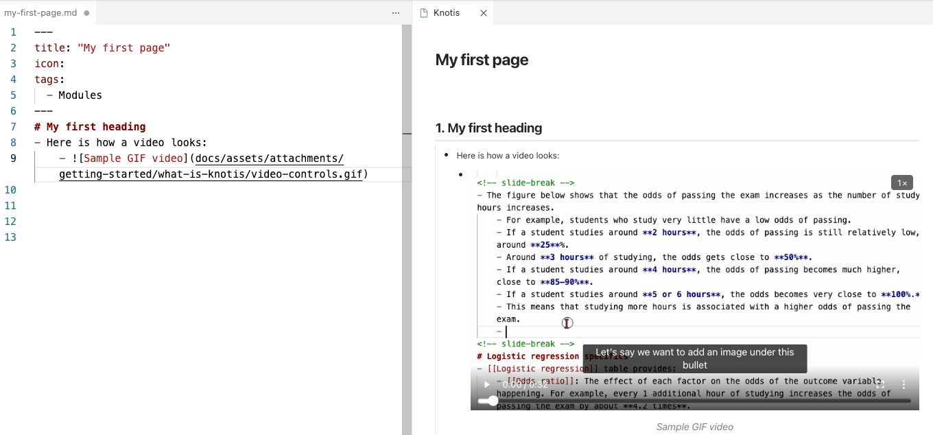 VS Code and preview shown side by side, with a GIF referenced in Markdown rendered as a media player with playback controls and a caption.