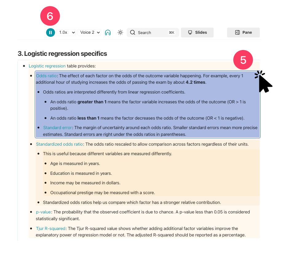 Read Aloud active on a lesson page. 5 shows that clicking a content block starts reading from that point, with the selected block highlighted; 6 marks the headphones control used to stop reading.