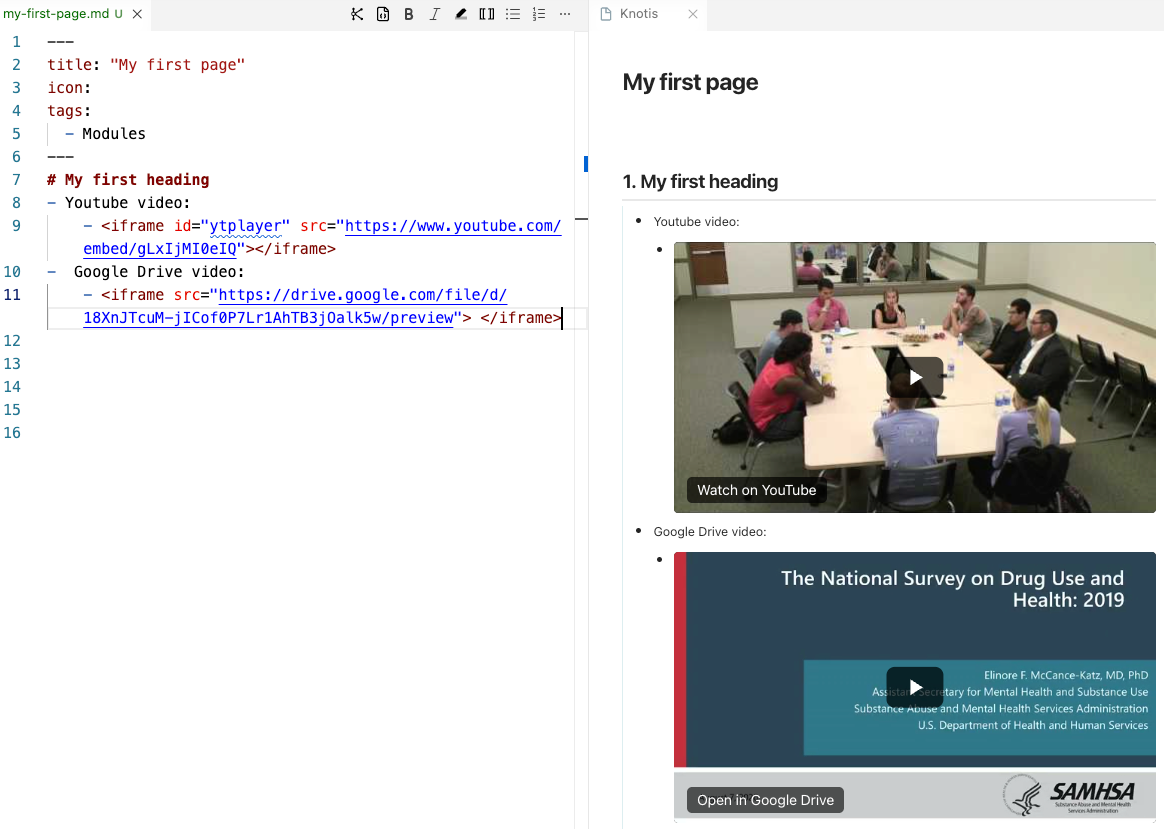 VS Code and Knotis preview shown side by side, with YouTube and Google Drive <iframe> embed code in the Markdown file rendered as playable embedded videos.