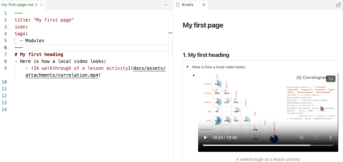 VS Code and Knotis preview shown side by side, with a local .mp4 file referenced in Markdown and rendered as a video player with playback controls and a caption.