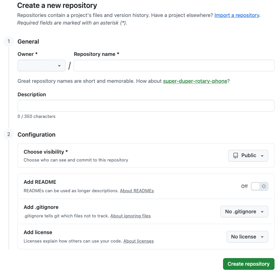 GitHub’s Create a new repository page showing fields for owner and repository name, with Public visibility selected and README, .gitignore, and license left off.