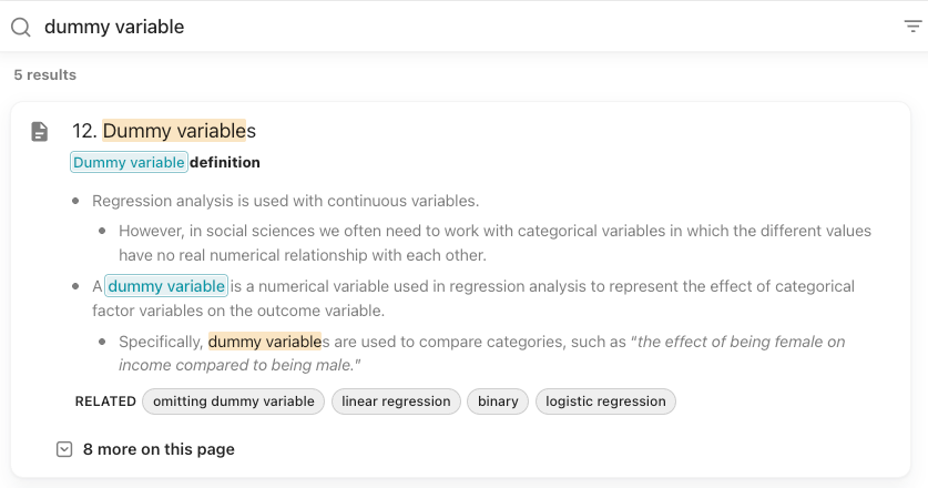 Search results for “dummy variable,” showing matching page content with the search term highlighted and related concepts listed below.