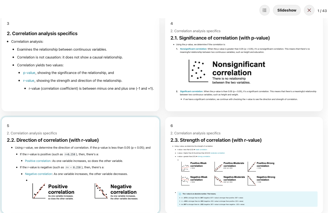 Slide mode displays lesson content as presentation slides, with multiple slides visible in the overview and a Slideshow control at the top.